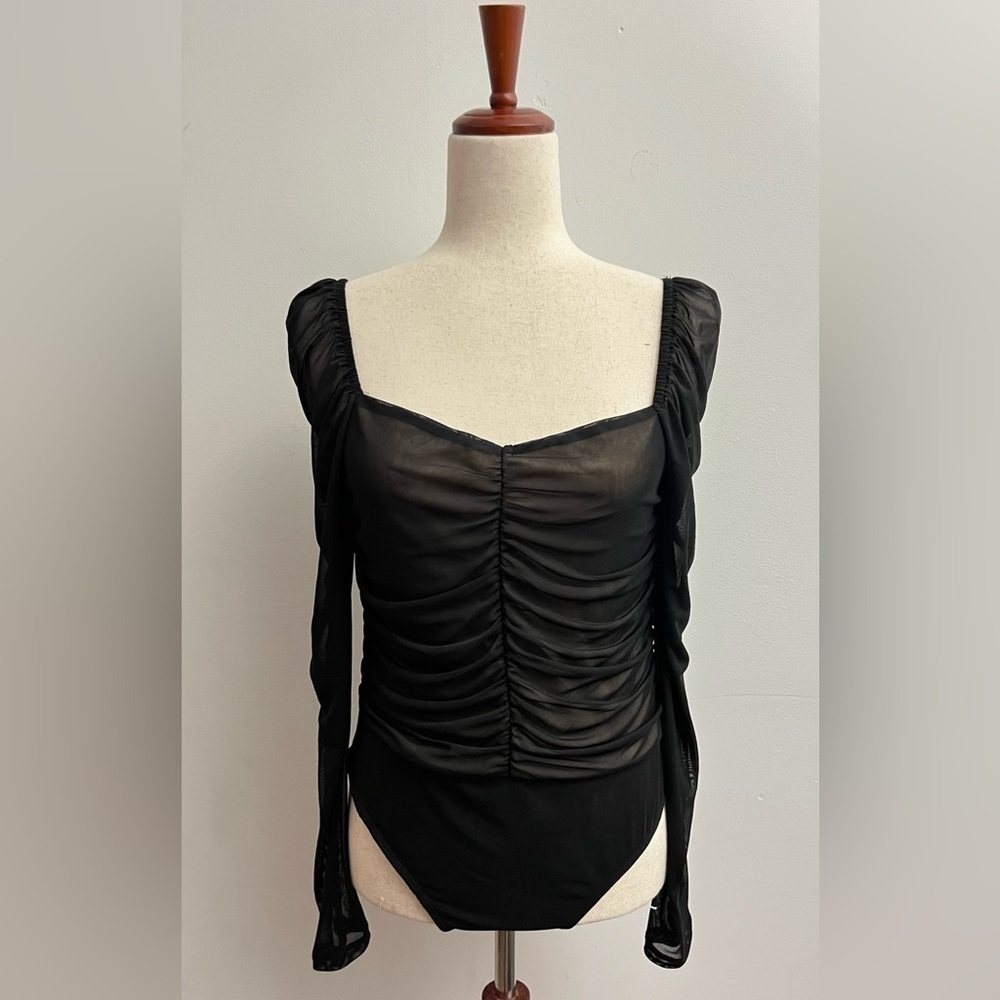 Lulus Bodysuit Women’s Sz L Black Mesh Ruched WhimsyGoth Witchy Fairy NWT